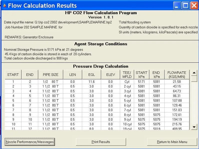 Sample result screen from GSI flow calculation software